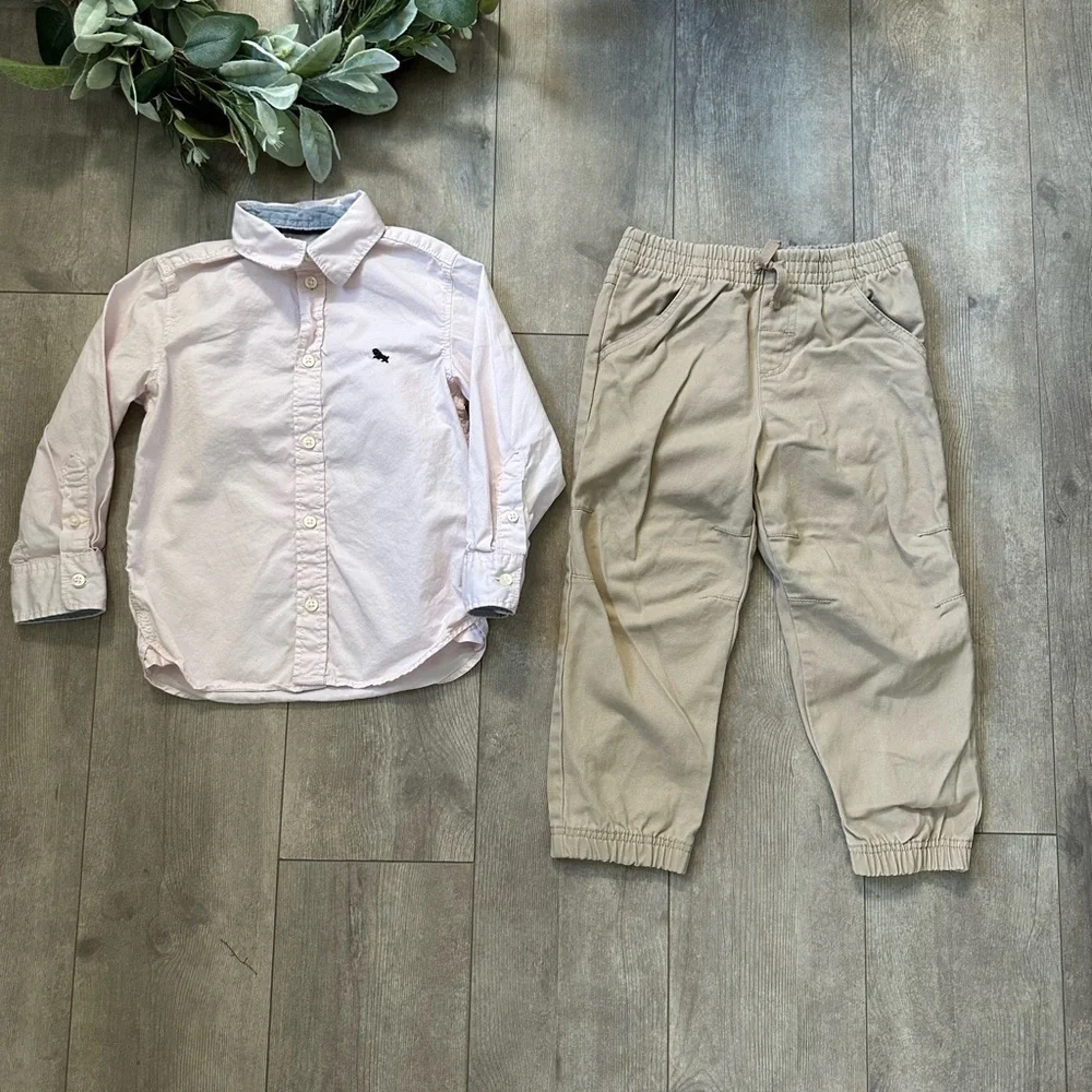 Toddler Boy Soft Pink Blue Button Up Shirt & Khaki Cargo Joggers Outfit Set